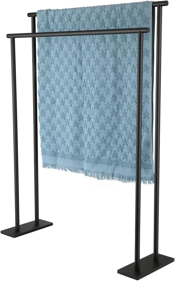 JQK Bath Towel Bar Free Standing Black, 30 Inch Stand Double Towel Rack Holder Shelf for Bathroom Floor, Matte Black, BTH120L30-PB