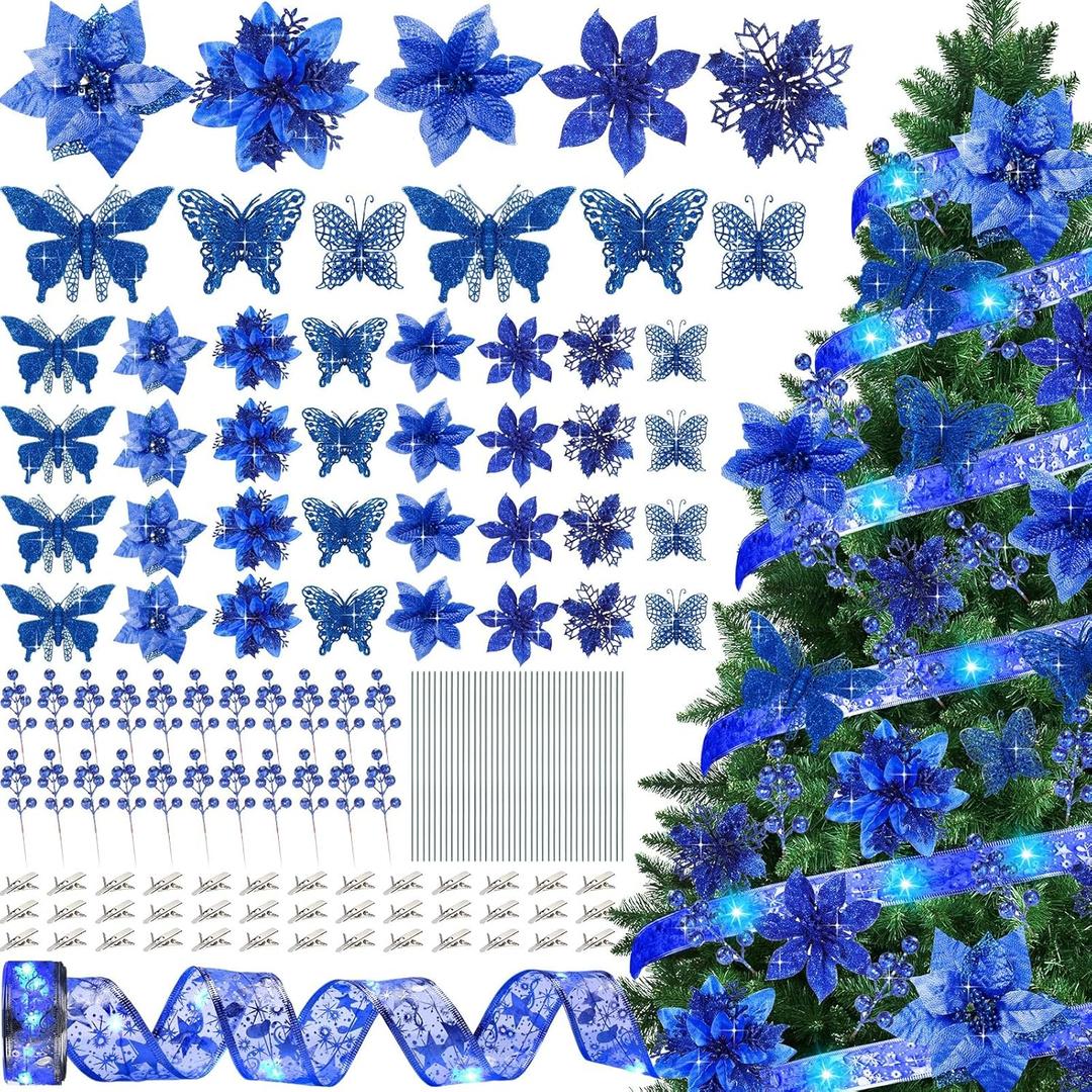 XunYee 137 Pcs 5 Styles Christmas Poinsettia Glitter Flowers 3 Styles Hollow Out Butterfly Artificial Berries Kit with Clips, Stems and 32.8 ft Ribbon for Xmas Tree Ornaments Home Decor(Blue)