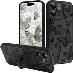 for iPhone 15 Pro Case with Finger Strap Holder, Cute Cool Butterfly Print Pattern Design for Women Men, Shockproof Anti Scratch Hand Kickstand Protective Cover, Gray