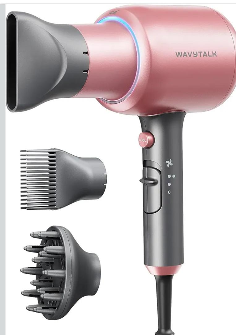 Wavytalk Hair Dryer, Blown Away Ionic Hair Dryer for Curly Hair with Diffuser, 1875W Fast Drying Blow Dryer with Ceramic Technology, 3 Attachments for All Hair Types, Light and Quiet, Rose Gold
