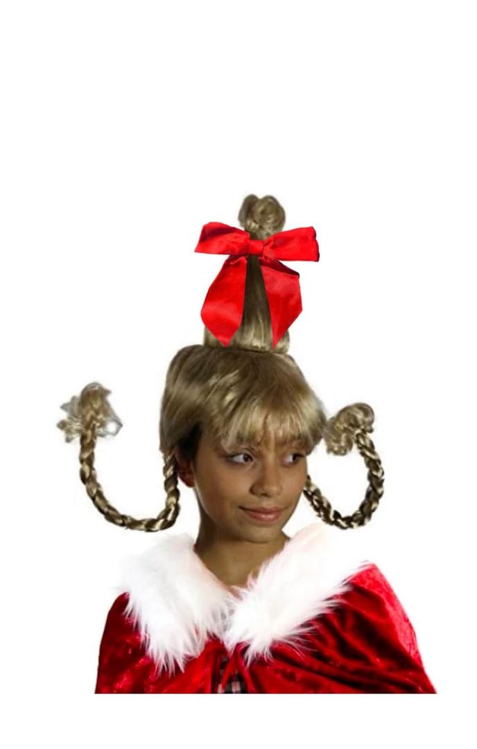 My Costume Wigs Cindy Lou Who Wig and Red Cloak Set  Christmas Costume with Braided Wig, Red Bow, and Santa Cape for Holiday Parties & Cosplay