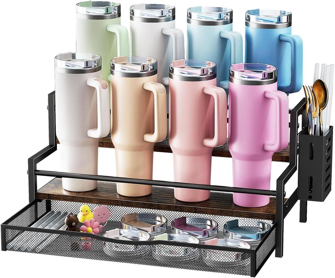Water Bottle Organizer for Full Stanley 40 oz Tumbler with Handle, 2 Tier Tumbler Organizer for 8 Cups, Kitchen Pantry Organizers and Storage for Owala Stanley Cup Accessories, Black