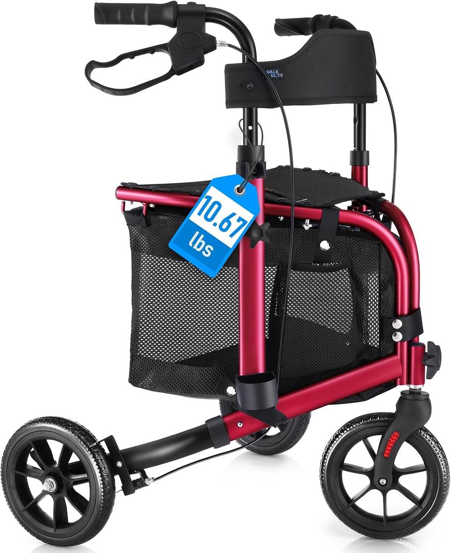 WALK MATE 3 Wheel Rollator Walker with Seat for Slim Seniors, Padded Backrest Lightweight Foldable Travel Walker Ideal for Elderly, 8 Inch Tri-Wheel Modern Mobility Walking Aid Aluminum, Red