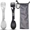PSKOOK 5-in-1 Utility Tactical Spork, 2-Pack Stainless Steel Spoon & Bottle Opener, Fork & Knife, Can Opener Combo Camping Utensil for Hiking, Camping or Backpacking (Black & Matte Silver)
