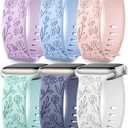 SNBLK 6 Pack Floral Engraved Bands Compatible with Apple Watch Bands 40mm 41mm 42mm 38mm 44mm 45mm 46mm 49mm Women Men, Silicone Flower Pattern Strap for iWatch Series 11 10 Se Ultra 9 8 7 6 5 4 3 2 1 (Lavender/Baby Blue/Pink Sand/Succulent/Blue Grey/White)
