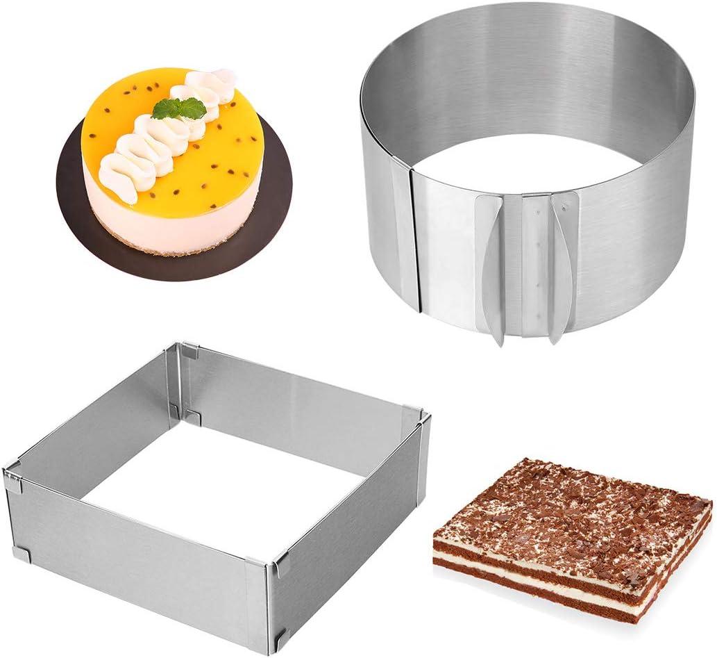 Adjustable Cake Ring 2 Pack, 6 to 12 Inch Stainless Steel Mousse Cake Mold Ring with scaling for Kitchen DIY Pastry, Square and Round (Round & Square)