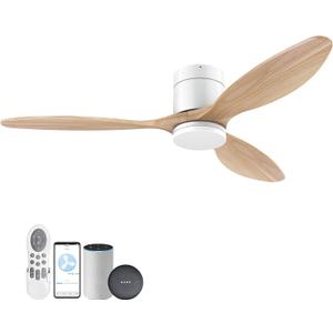 52" Smart Wood Ceiling Fans with Light and Remote,Low Profile Outdoor Indoor Ceiling Fan with Dimmable Light and Quiet DC Motor,Control with Alexa Google Voice App,for Modern Flush Mount Bedroom Patio