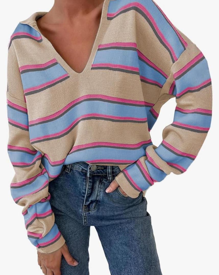 EVALESS Sweaters for Women Long Sleeve V Neck Striped Knit Drop Shoulder Fall Jumper 2025 Henley Pullover L