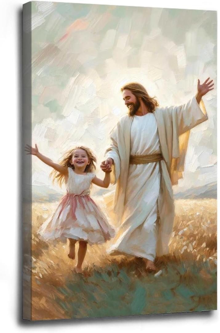 XWNLTEPK Dancing Day Christian Painting Jesus With Girl Christian Wall Art Bible Jesus Dancing With Little Girl Print Canvas Wall Art Poster (12x16inFramed, a24)