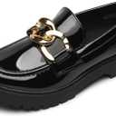 Girl's Platform Loafers Slip On Chain Chunky Shoes Round Toe School Uniform Dress Flats (1 Big Kid, Black)