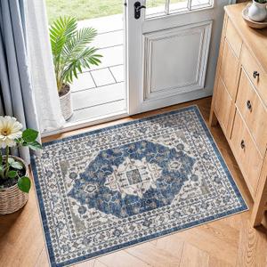 2x3 Washable Vintage Area Rug: Indoor Soft Entryway Rug with Non Slip Backing Water Resistant Carpet for Kitchen Bathroom Laundry Low Pile Door Mat Perfect for Homes with Cats & Dogs(2x3,Blue)