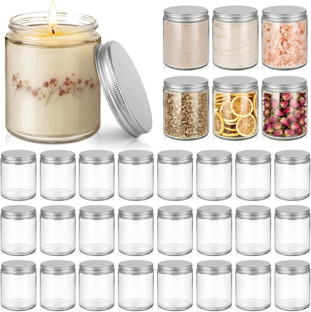 28 Pack 8 oz Glass Candle Jars for Making Candle, Thick Clear Glass Jars with Silver Lids, Bulk Empty Small Food Storage Containers for Spice, Powder, Lotions – Leak-Proof
