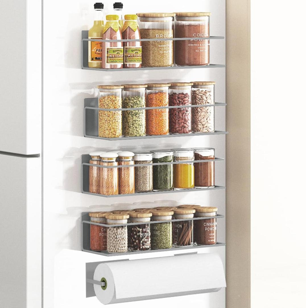 Magnetic Spice Rack For Refrigerator, Space Saving Magnetic Shelf For Fridge Grey 4 Pack With Magnetic Paper Towel Holder