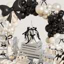 Black Bow Birthday Decorations,187Pcs Black and White Balloon Arch Kit with Clear Bow Foil Double Stuffed Pearl Balloons Ribbon Bow Pearl Stickers for Bow Coquette Birthday Bachelor Bridal Baby Shower