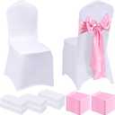 Mepase 100 Pcs White Chair Covers Set with 50 Stretch Spandex Chair Covers 50 Chairs Sashes Bows Universal Fitted Cover Removable Washable for Wedding Party Dining Banquet(White, Pink)