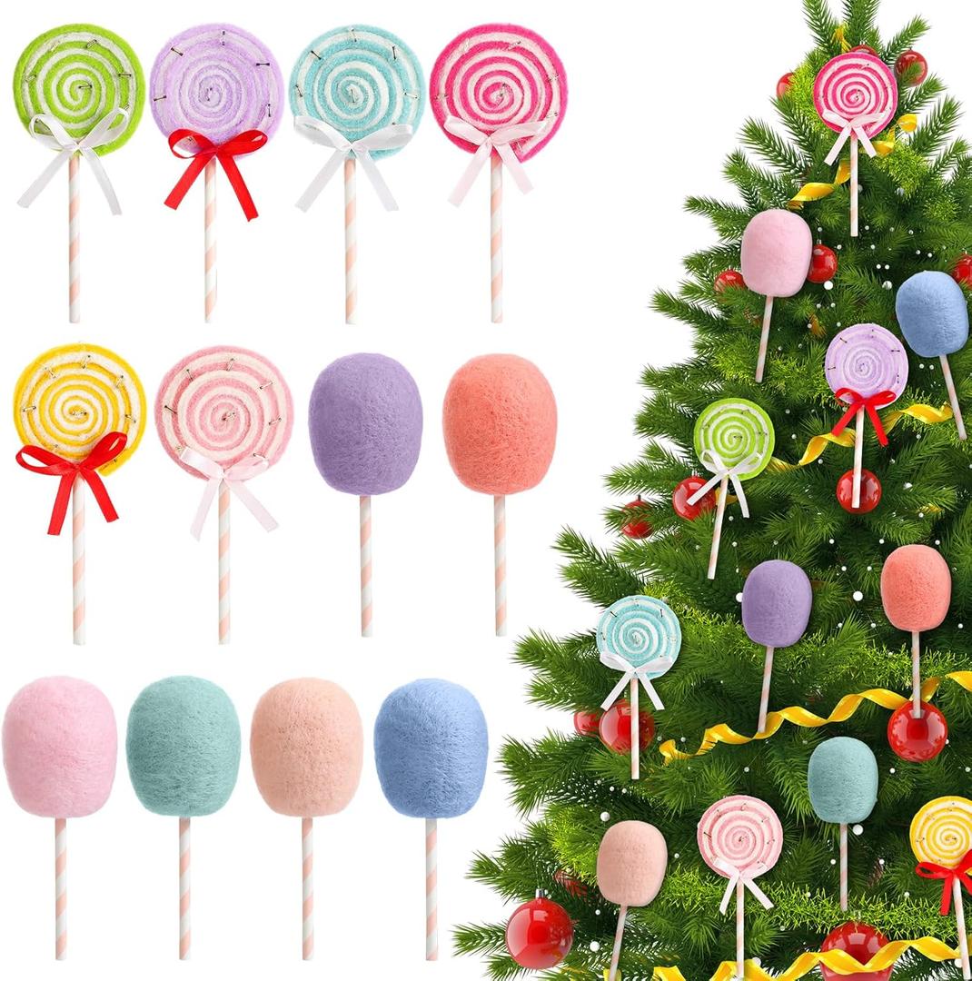 Liliful 12 Pcs Felted Wool Lollipop Candy Christmas Ornament Decoration Set - Handcrafted Fake Lollipop Candy Decors for Party Decorations