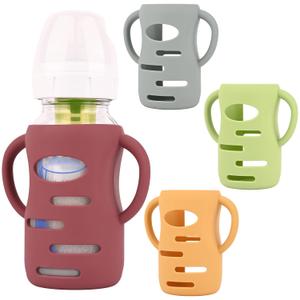 HUAKENER 4 Pack Silicone Sleeves with Handles for Dr Brown Baby Bottles, Anti Breakage Baby Bottle Holder, Compatible Dr Brown Wide-Neck Baby Bottles 9 oz (Grey+Yellow+Green+Red)