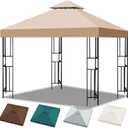 10x10 Canopy Replacement Top, Double Tiered Gazebo Cover with Air Vent Heavy Duty, Waterproof Gazebo Roof with Upgraded 300D Polyester for Outdoor Patio Garden Canopy (Khaki, Flat Edge)