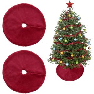 2 Pcs Christmas Tree Skirt 15 Inch Mini Xmas Tree Skirt Wine Red Faux Fur Plush Velvet Skirt for Christmas Tree Decorations