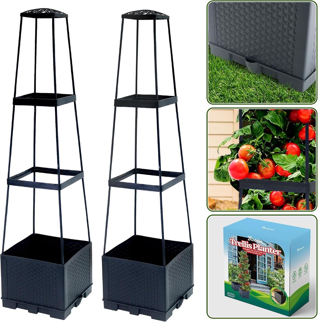 2 Packs Raised Garden Bed Tomato Planter Box with Trellis,44.8" Self-Watering Tomato Cage with Trapezoidal Trellis for Climbing Plants Flowers Vegetables Vine in Patio Garden Indoor Outdoor, 3 Tiers-44.8"
