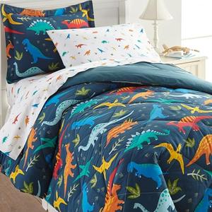Wildkin 7-Piece Full Bedding Set – 100% Cotton Comforter, Sheets & Pillowcase for Cozy Cuddles (Jurassic Dinosaurs)