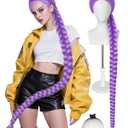 Hair Cap+Long Purple Wig with Braids Purple Braided Wig for Women Extra Long Cosplay Outfit Halloween Ponytail Costume Adult Anime Outfit for Halloween Party Cosplay Comic Con