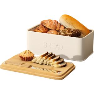 FILWH Metal Bread Box with Bamboo Cutting Board Lid, Bread Box with Bread Knife for Kitchen Countertop Countertop Storage for Homemade Bread, Bagels & Muffins (White, M)
