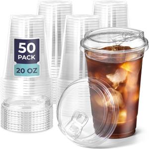 Fit Meal Prep 50 Pack 20 oz Clear Plastic Cups with Strawless Sip Lids, Disposable Plastic Coffee Cups with Lids, To Go Cups for Iced Coffee, Smoothies, Soda, Party Drinks, Bubble Tea, Cold Beverage