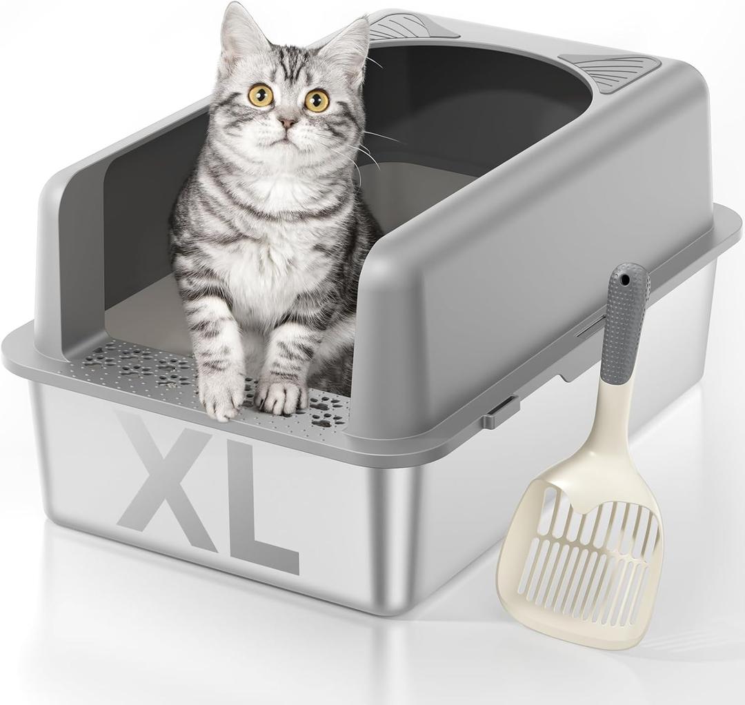 Stainless Steel Cat Litter Box, Extra Large High Sided Litter Boxs for Big Cats, XL Metal Litter Box with Lid, Non Stick, No Smell, Easy to Clean, Included Scoop