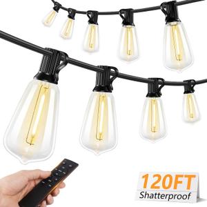 Brightever 120FT LED Outdoor String Lights with Remote, Patio Lights Outdoor Waterproof with 36+2 Shatterproof ST38 LED Bulbs, Dimmable Outside Hanging Light for Porch, Garden, Backyard, Cafe, 2700K (120FT-Warm White, Black)
