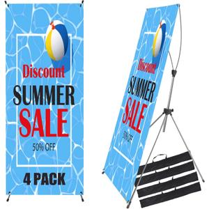 QIANBAIYI 4 Pack X Frame Banner Stand Adjustable Size 23"X63" to 32"X78" with Portable Retractable Carrying Bag, Customize Banner Stand for Trade, Show Exhibition Market and Store Display