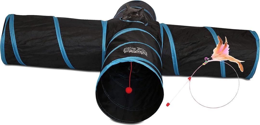 Feline Ruff Premium 4 Way Cat Tunnel. Extra Large 12 Inch Diameter and Extra Long. A Big Collapsible Play Toy. Wide Pet Tunnel Tube for Rabbits, Kittens, Large Cats, and Dogs.