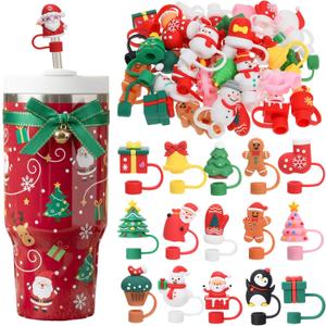 Honeydak 36 Pcs 3D Christmas Straw Toppers for Cup Straw Cover Cap for 30&40 oz Tumbler, 10 mm 0.4in Silicone Toppers with Handle, Reusable Dustproof Tips Lids for Christmas Gifts Party Supplies