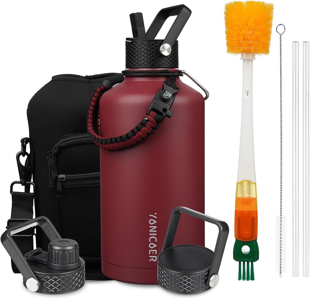 Insulated Water Bottle 87oz,Triple Wall Vacuum Stainless Steel(Dishwasher Safe),Leak Proof & Non-BPA,Flask Jug with Paracord Handle & Straw Spout Lids Sports Red
