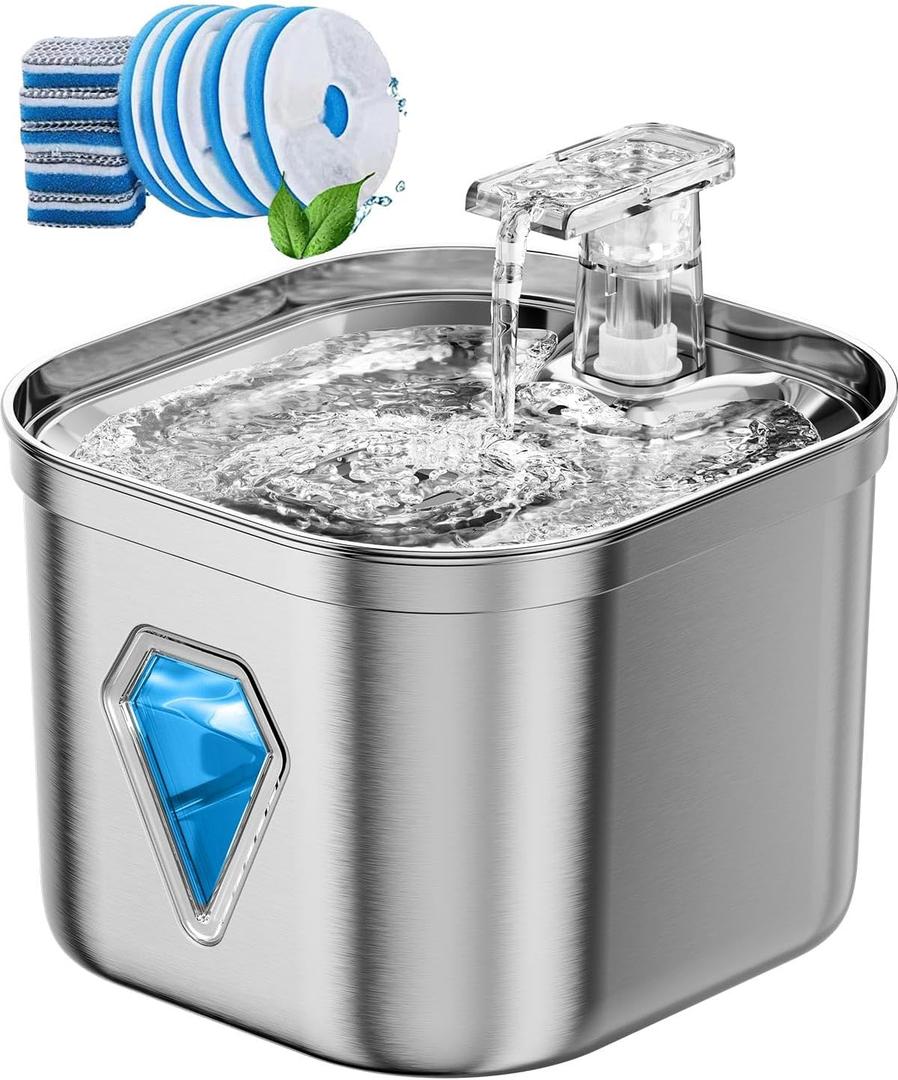 Rantizon Cat Water Fountain with 5 Filters, 74oz/2.2L Stainless Steel Pet Water Fountain Dog Water Dispenser, Water Fountain for Cats Inside with Quiet Pump