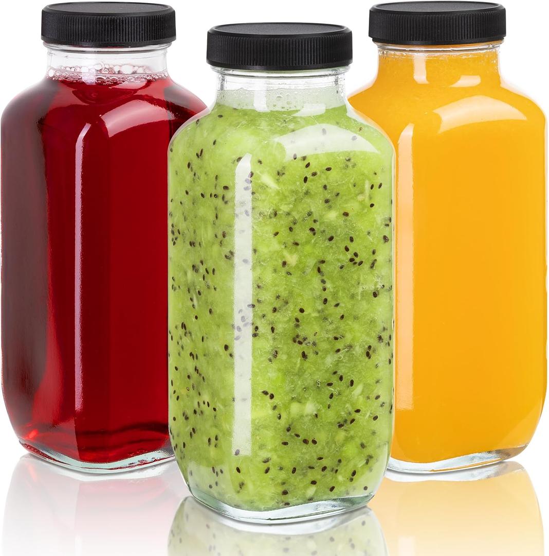 Juice Bottles with Lids, 16 Oz - Set of 3 - Clear Glass Jars with Caps - Reusable Empty Drink Containers for Juicing, Smoothies, Water, Milk, Kombucha Storage, Wellness Shots and More 