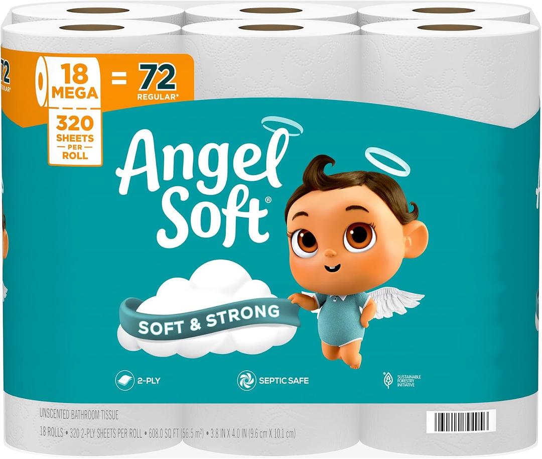 Angel Soft Toilet Paper, 18 Mega Rolls = 72 Regular Rolls, Soft and Strong Toilet Tissue, 320 Sheet