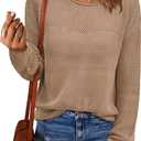 Arach&Cloz 2025 Womens Crochet Tops Wool Blended Sweaters Lightweight Long Sleeve Crew Neck Spring Fashion Knit Outfits (Brown, XL)