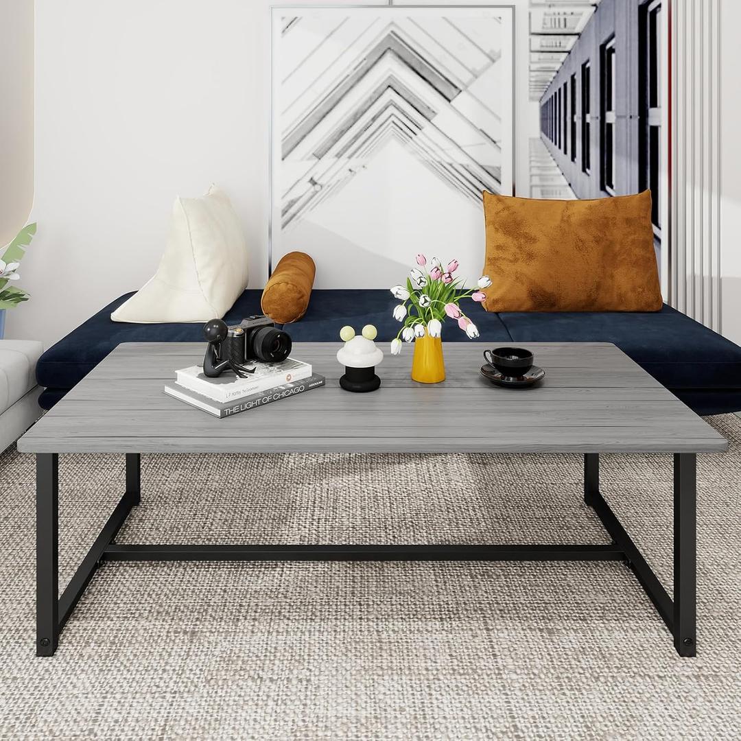 Farmhouse Coffee Table Rectangular Center Table for Living Room Table Wooden Tabletop with Metal Frame,Mid Century Modern Design,Easy Assembly,Wood Coffee Table,Grey, 35.43 X 17.72 X 13.19 Inches