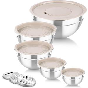 TeamFar Mixing Bowls with Airtight Lids, 5PCS Stainless Steel Metal Salad Bowl with 3 Grater Attachments, for Cooking, Prepping, Serving, Healthy & Easy Clean - 0.7/1/1.5/2.6/4.6QT, Khaki