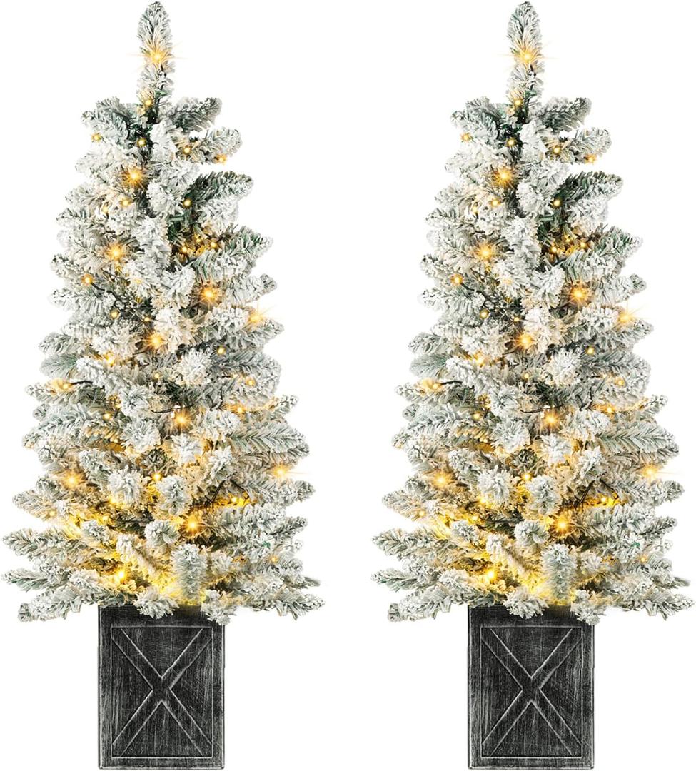 Set of 2 Christmas Trees with Lights 4-FT Artificial Potted Porch Snow Flocked Christmas Tree Battery Powered with 8 Modes and Timer for Indoor Outdoor