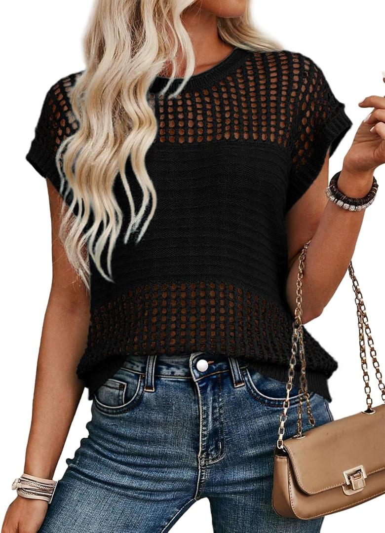 EVALESS Womens Tops Casual Summer Cap Short Sleeve Crochet Hollow Out Knit Sweater Vest Pullover T-Shirts Beach Coverup (Small, Black)