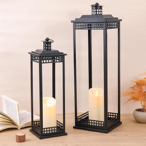 Lanttu Vintage Lanterns Decorative Outdoor Indoor, 23'' 17'' Set of 2 Black Metal Candle Lantern, Lantern Decor for Retro Living Room, Patio, Fireplace, Porch, Garden, Balcony, Wedding Floor Lantern