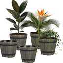 5 Pack 7 Inch Plastic Plant Pots, Whiskey Barrel Planters, Flower Pots for Indoor Outdoor Home Herb Snake Plants, Durable Pots, Set of 5