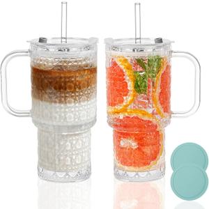 INNGOSAE 17oz Water Glass Tumbler with Handle & Lid Coasters, Reusable Iced Coffee Cups with Straws  Set of 2, Glass Cups for Smoothies, Juice, Coffee, Tea (diamond-shaped patterns-17oz-2pack)