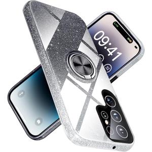 for Samsung Galaxy S23 Ultra 5G Case with Ring Stand Magnetic Kickstand,Glitter Sparkly,for Girls Women,TPU Cover and Hard PC Protective Slim Fit Case 6.8in Black JUS02-29