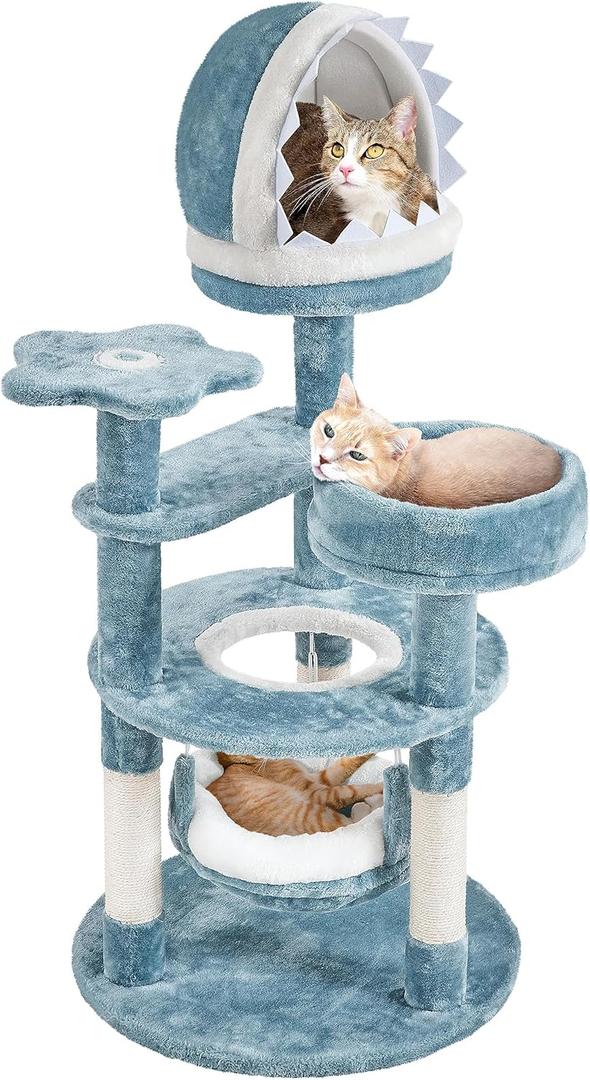 Yaheetech 45.5in Ocean-Themed Cat Tree Multi-Level Cat Tower, Plush Furniture with Shark's Mouth-Shaped Nest, Sea Star-Shaped Perch, Jellyfish-Style Hammock for Indoor Kitty