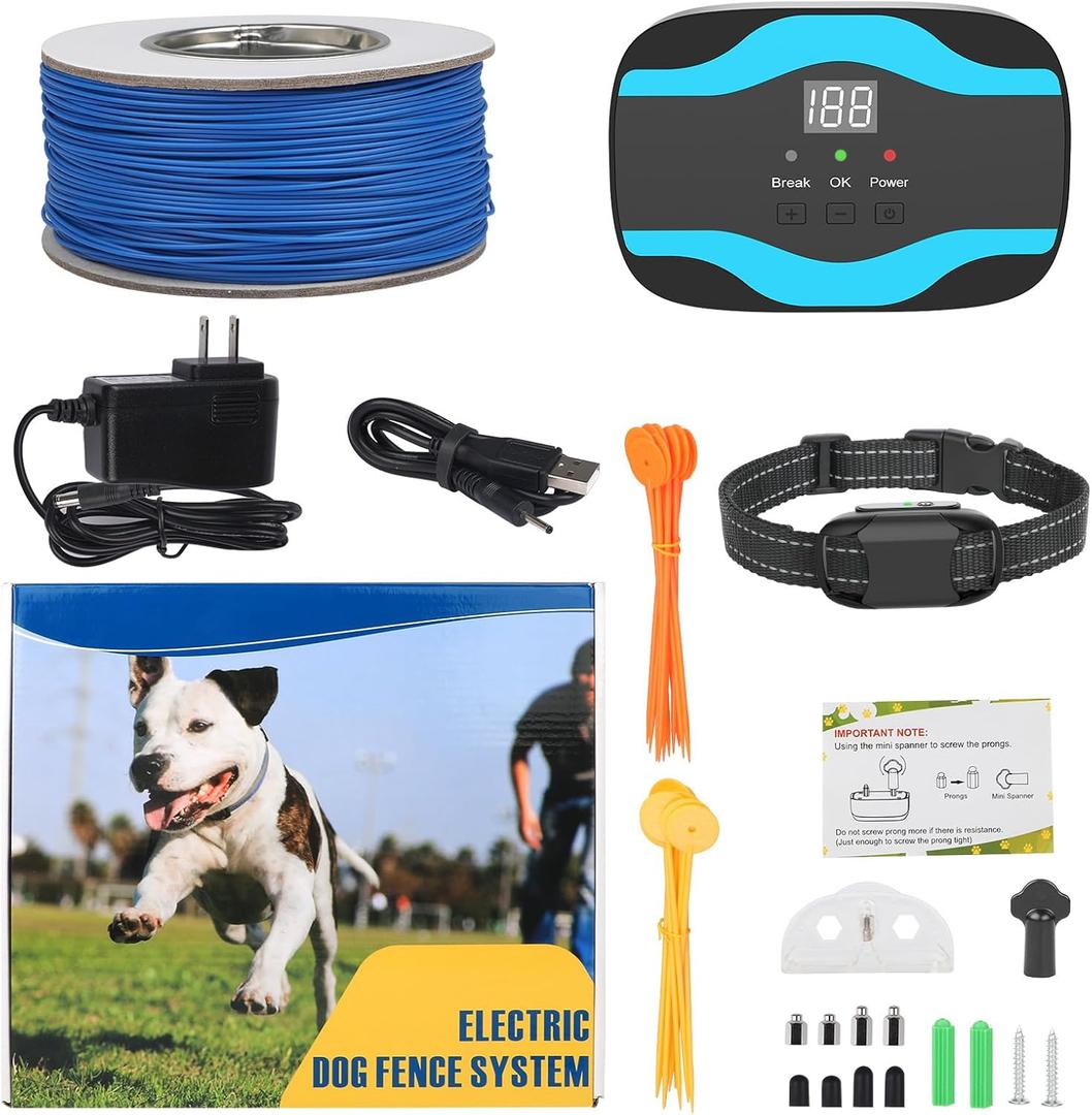 RUXAN Electric Fence for Dogs, Underground Dog Fence System, Rechargeable 656Ft Aboveground Pet Containment System with Waterproof Collar Receivers, Boundary Wire (for 1 Dog)