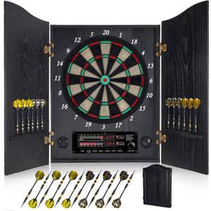 Yirinatek Electronic Dart Board, Decorative Dart Board Cabinet Set for Adults [12*Bronze Soft Tip Darts] [Cricket Game Mode]- Wooden Electric Dartboard Cabinet for Game Rooms - Black