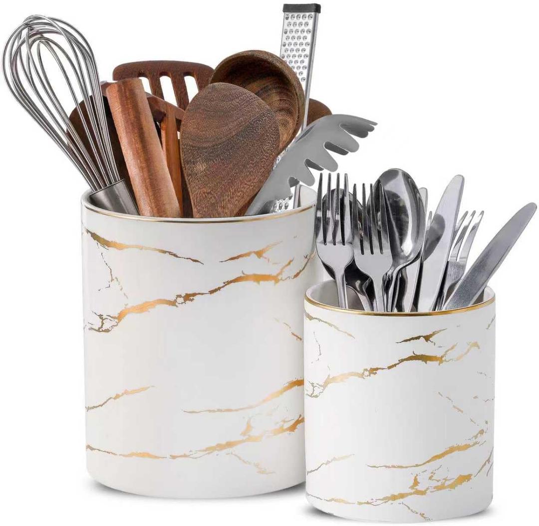 7"+5.3" Marble Utensil Holder, Large Kitchen Utensil Holder Organizer , Golden Marble White Stable Utensil Crock Spatula Holder for Kitchen Counter Countertop Farmhouse Cooking Tools Holder